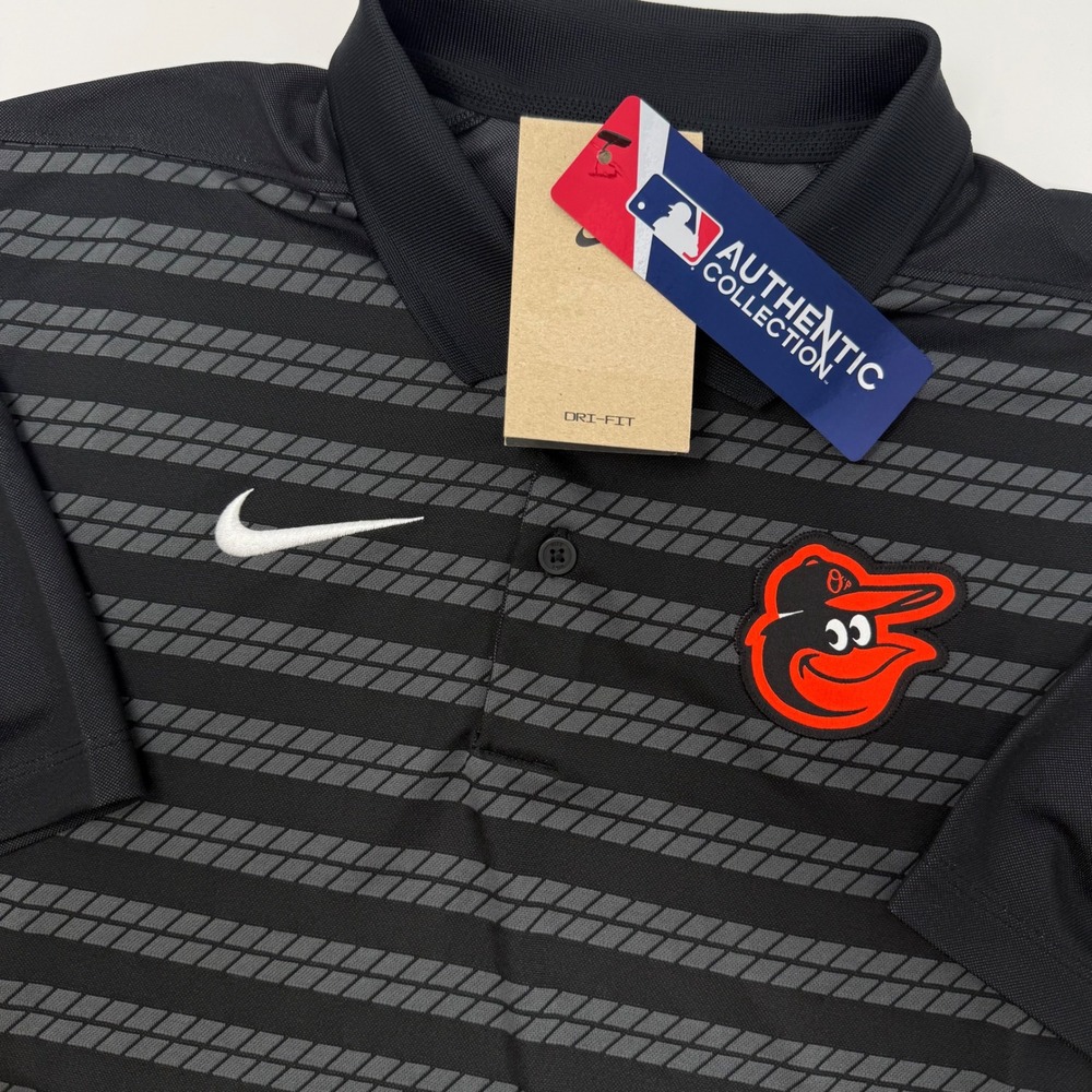 Nike MLB Baltimore Orioles Dri-FIT Polo Shirt Men's Small Black Gray Stripe NEW